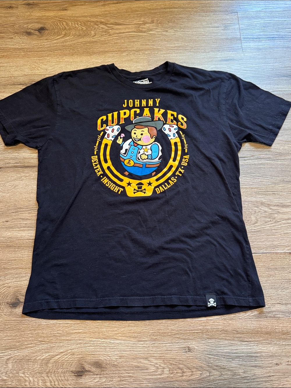 Johnny Cupcakes Black Tee with Yellow & Multicolor Logo